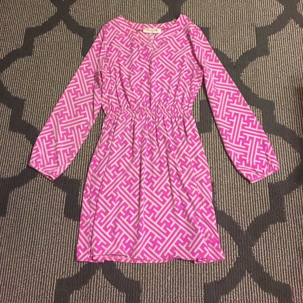 Pink Long Sleeve Greek Key Dress - Picture 2 of 4